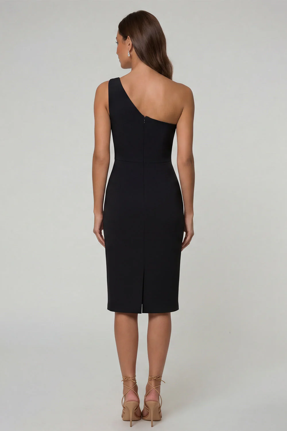 Black Bodycon One Shoulder Midi Work Dress with Slit - Image 2