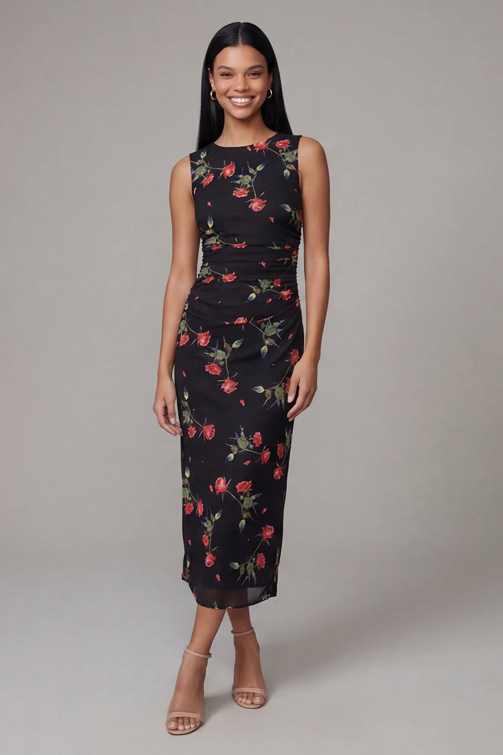Black Bodycon Round Neck Chiffon Printed Floral Midi Dress