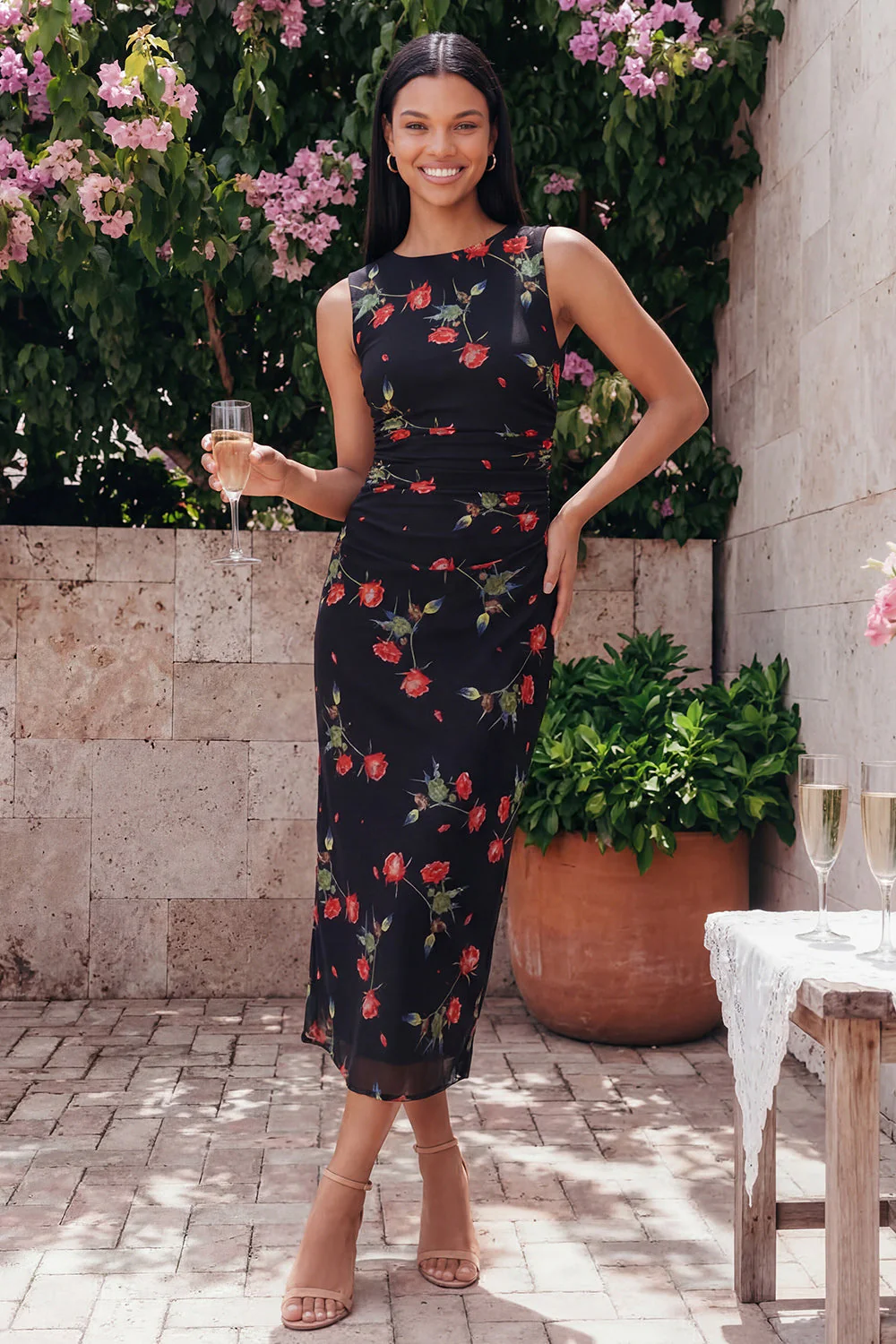 Black Bodycon Round Neck Chiffon Printed Floral Midi Dress - Image 2