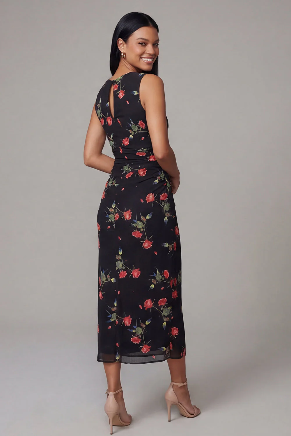 Black Bodycon Round Neck Chiffon Printed Floral Midi Dress - Image 3