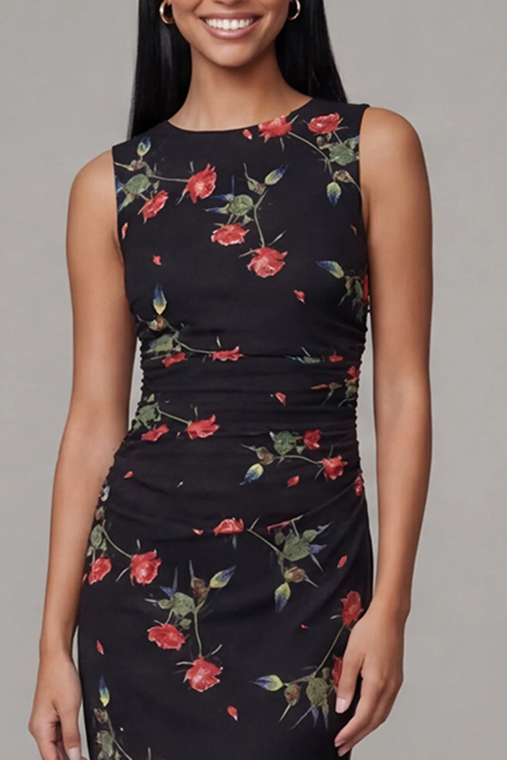Black Bodycon Round Neck Chiffon Printed Floral Midi Dress - Image 4