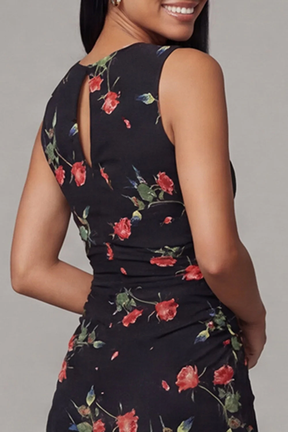 Black Bodycon Round Neck Chiffon Printed Floral Midi Dress - Image 5