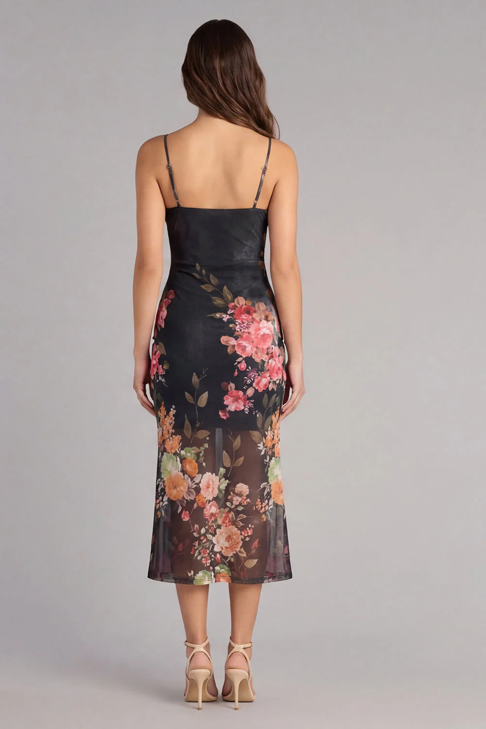 Black Bodycon Spaghetti Straps Ruched Printed Midi Floral Dress - Image 2