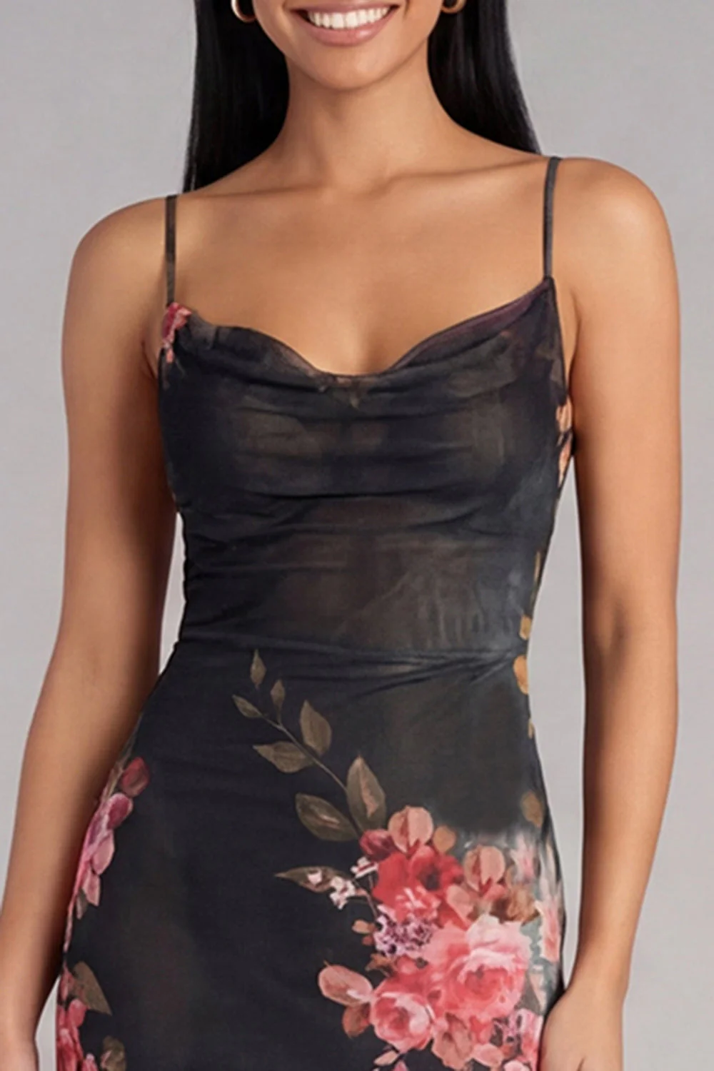Black Bodycon Spaghetti Straps Ruched Printed Midi Floral Dress - Image 4