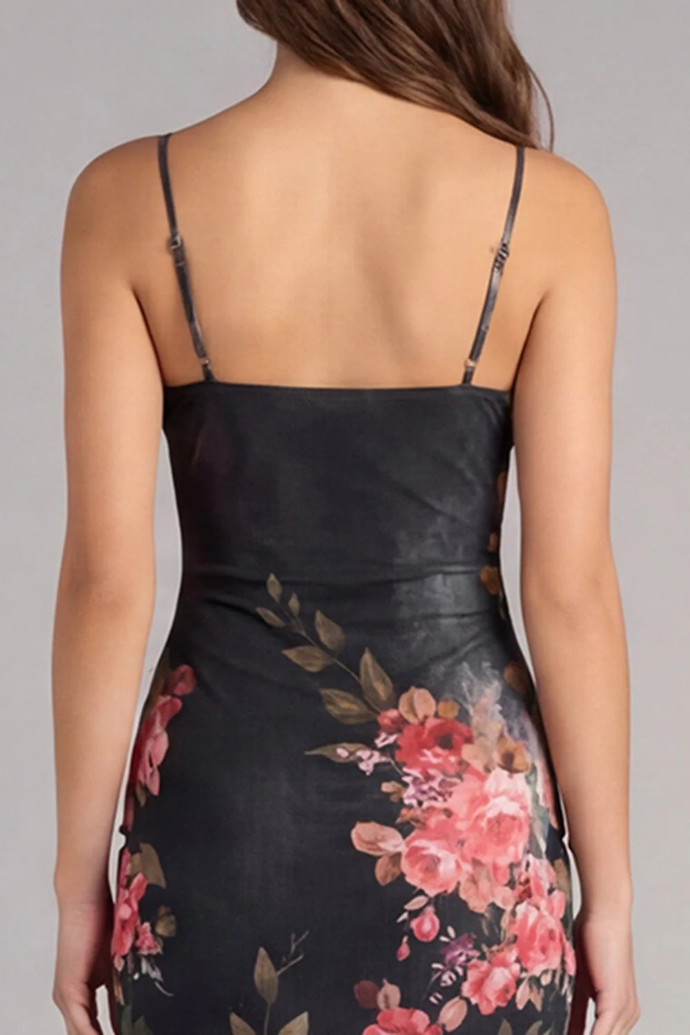 Black Bodycon Spaghetti Straps Ruched Printed Midi Floral Dress - Image 5