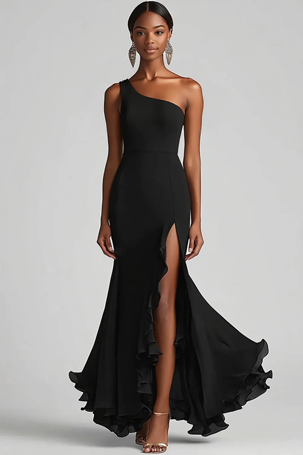 Black Chiffon One Shoulder Mermaid Evening Dress with Slit