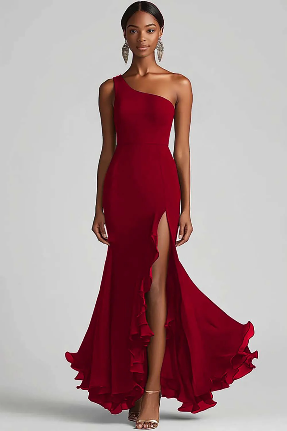 Black Chiffon One Shoulder Mermaid Evening Dress with Slit - Image 2