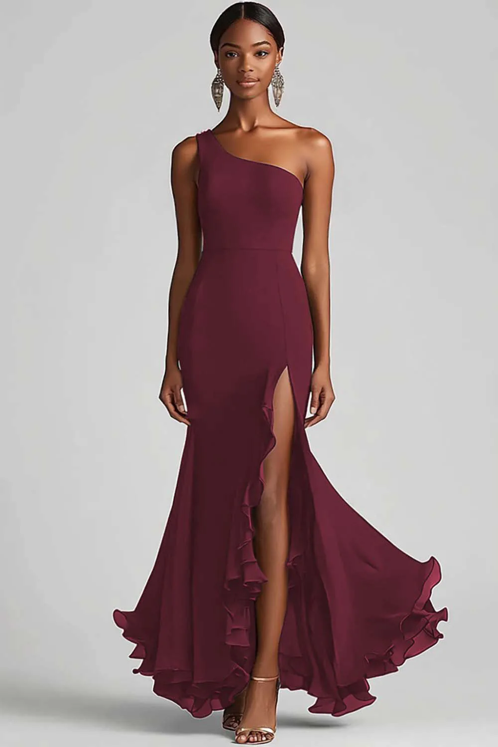 Black Chiffon One Shoulder Mermaid Evening Dress with Slit - Image 3