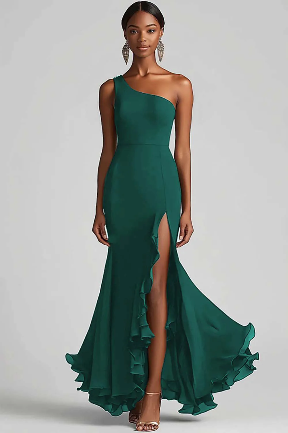 Black Chiffon One Shoulder Mermaid Evening Dress with Slit - Image 4