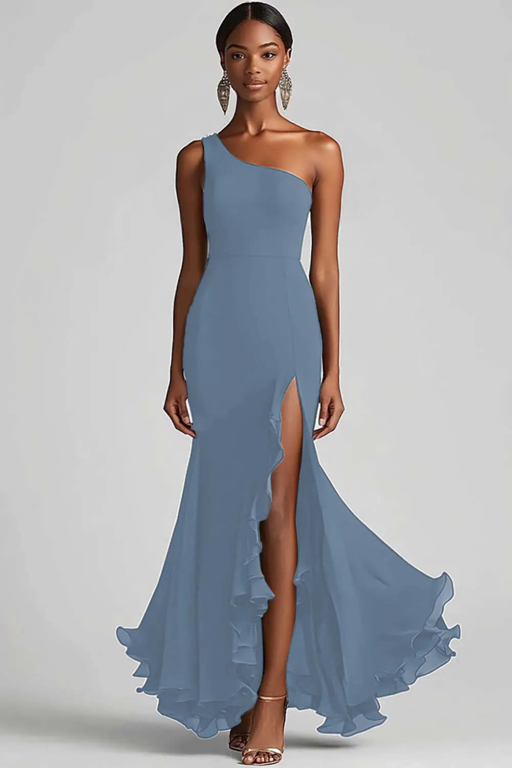 Black Chiffon One Shoulder Mermaid Evening Dress with Slit - Image 6