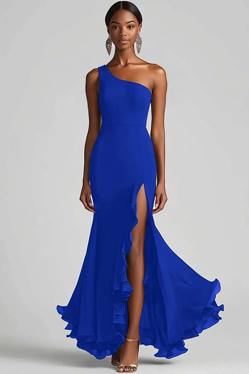 Black Chiffon One Shoulder Mermaid Evening Dress with Slit - Image 9