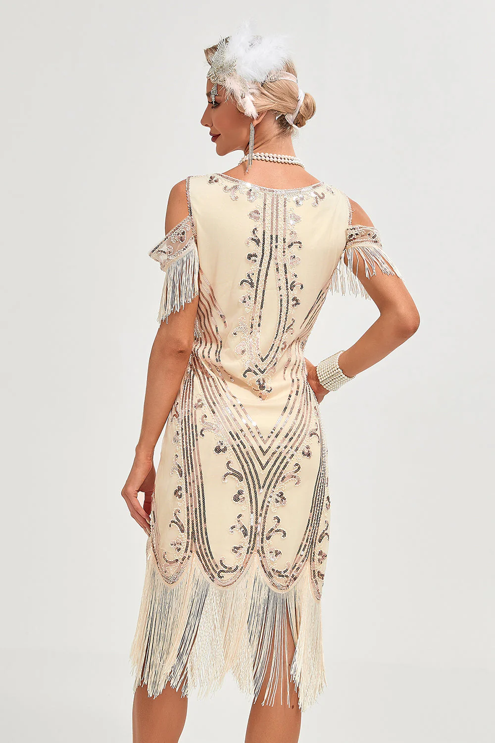 Black Cold Shoulder Sequins Fringes 1920s Gatsby Dress - Image 2