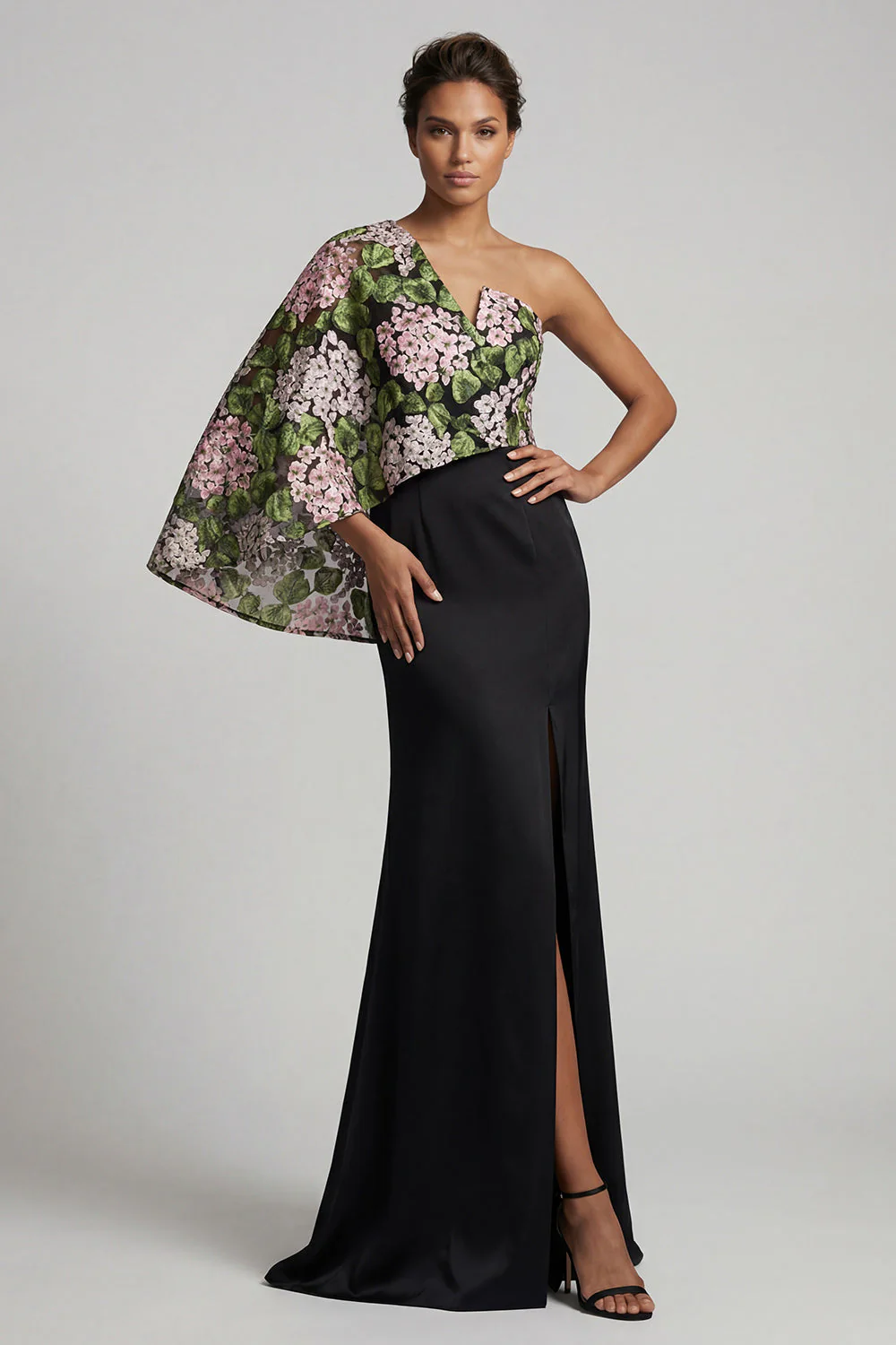 Black One Shoulder Floral Mermaid Long Mother of the Bride Dress with Slit