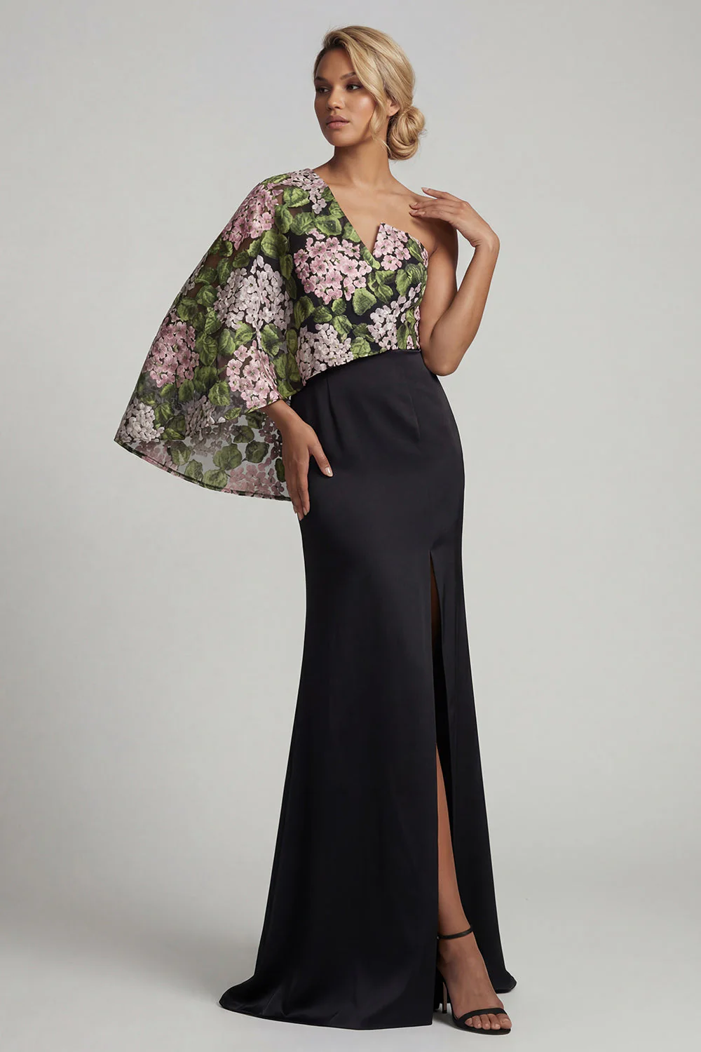 Black One Shoulder Floral Mermaid Long Mother of the Bride Dress with Slit - Image 3