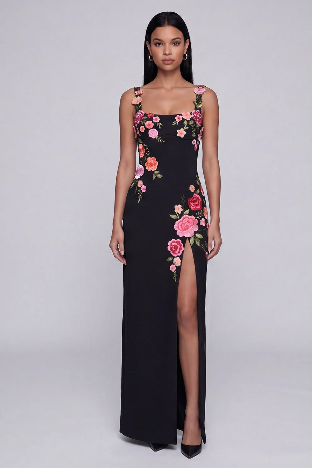 Black Floral Square Neck Sheath Long Formal Dress with Slit