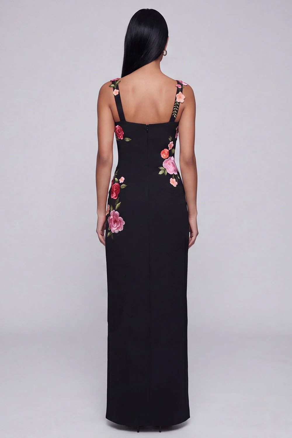 Black Floral Square Neck Sheath Long Formal Dress with Slit - Image 2