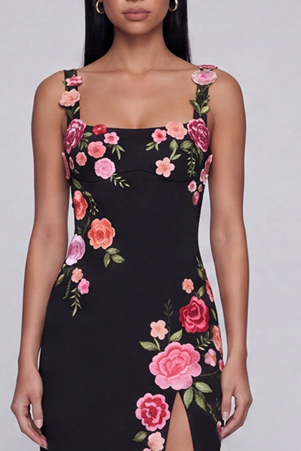 Black Floral Square Neck Sheath Long Formal Dress with Slit - Image 3