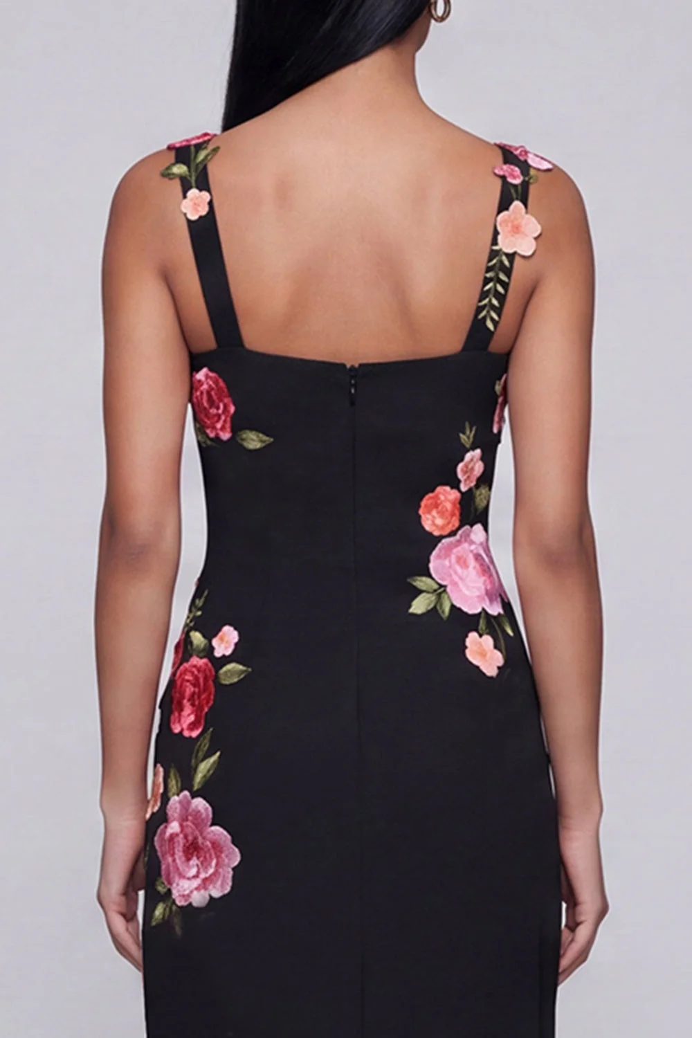 Black Floral Square Neck Sheath Long Formal Dress with Slit - Image 4