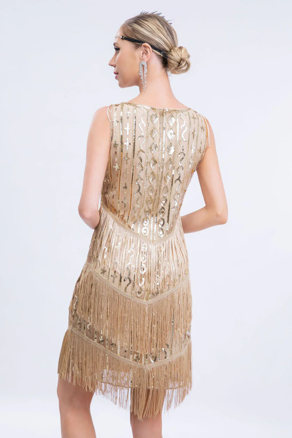 Black Fringed 1920s Gatsby Dress with Sequins - Image 6