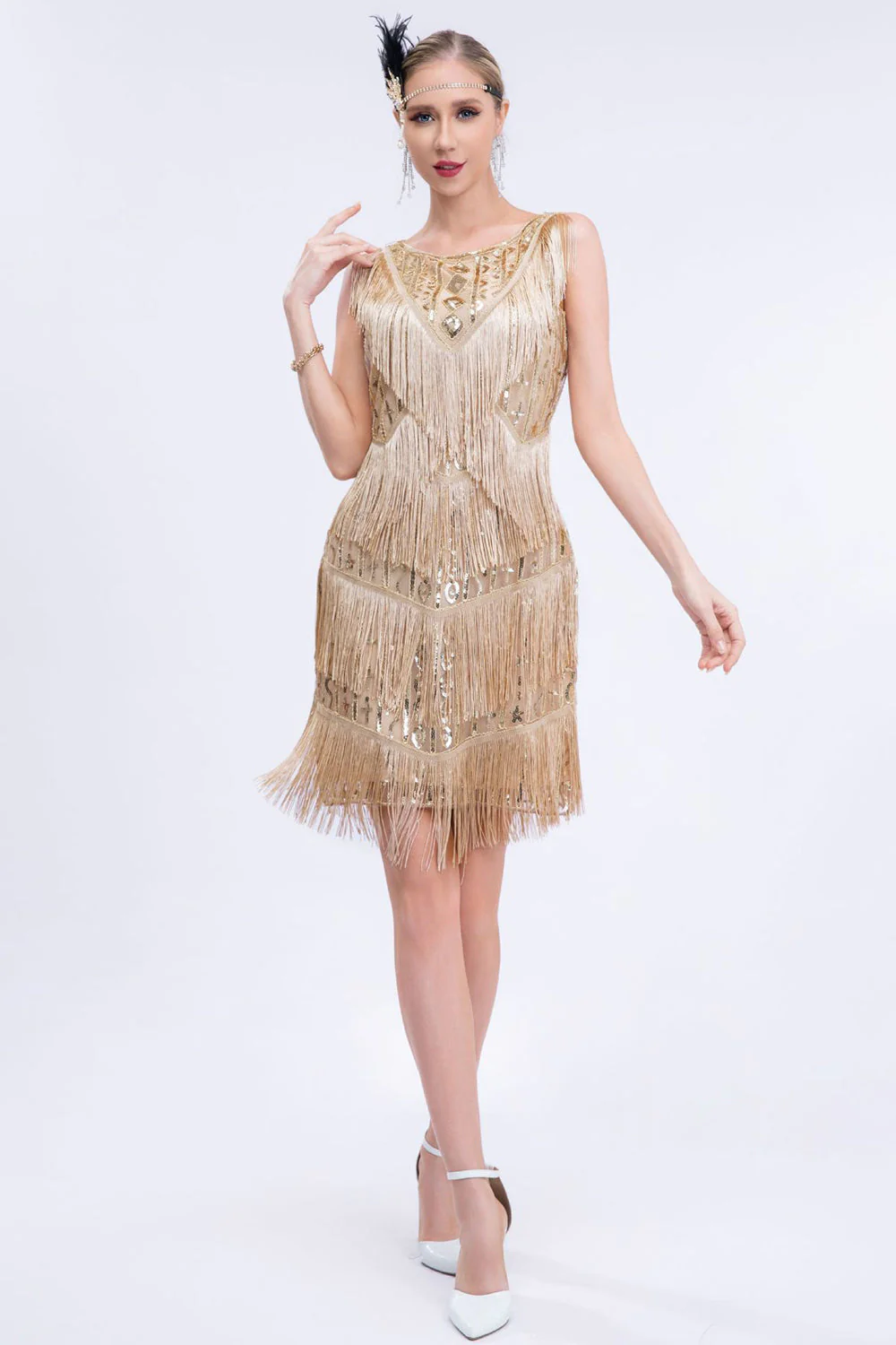 Black Fringed 1920s Gatsby Dress with Sequins - Image 8