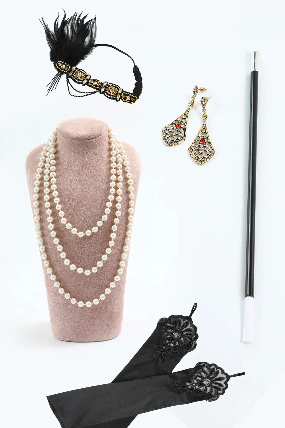 Black Fringed 1920s Gatsby Dress with Sequins with 20s Accessories Set - Image 3