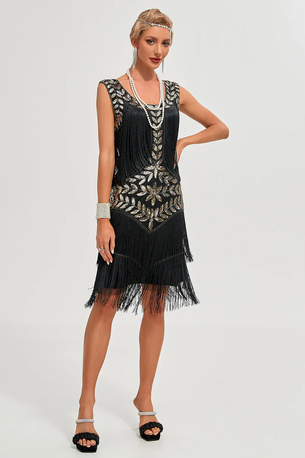 Black Gatsby 1920s Flapper Dress with Sequins and Fringes - Image 3
