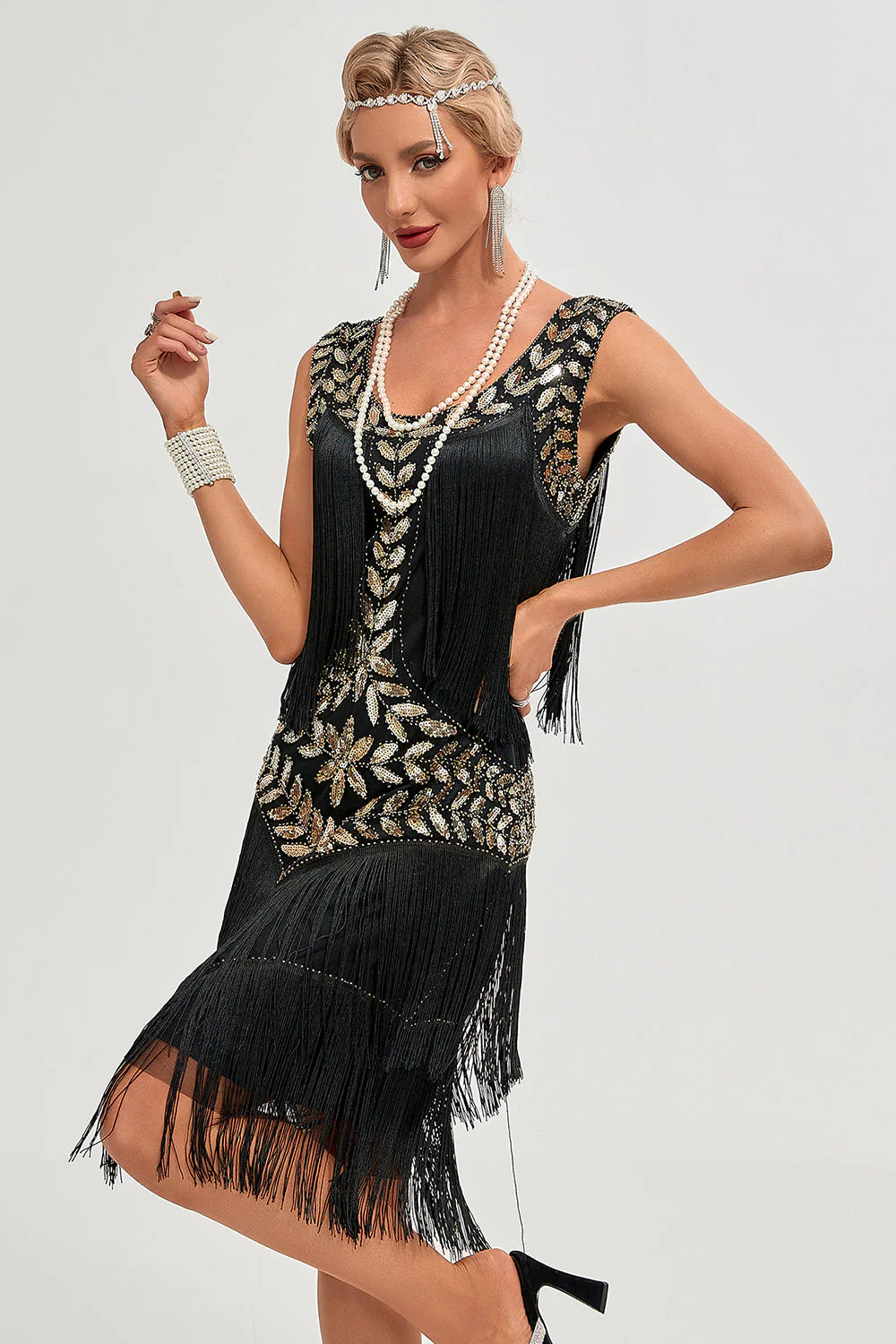 Black Gatsby 1920s Flapper Dress with Sequins and Fringes - Image 4