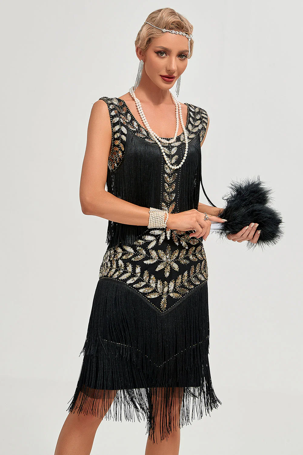 Black Gatsby 1920s Flapper Dress with Sequins and Fringes - Image 5