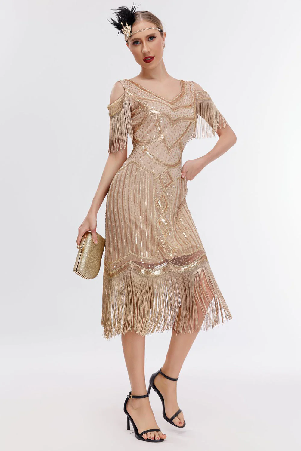 Black Golden Cold Shoulder Fringes 1920s Gatsby Dress - Image 10