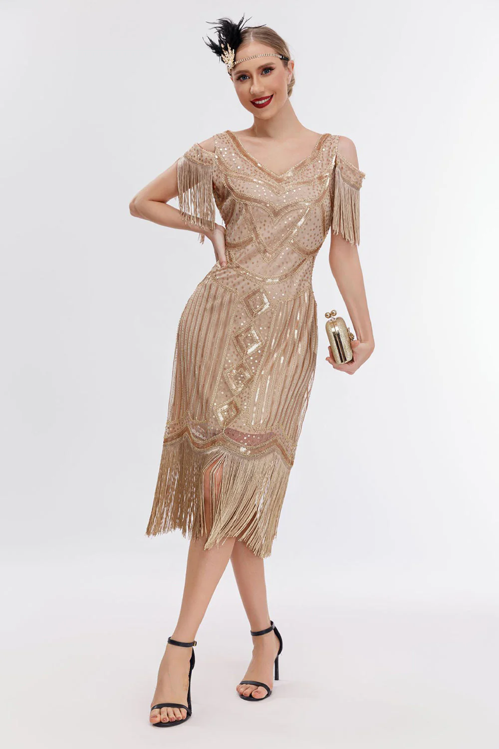 Black Golden Cold Shoulder Fringes 1920s Gatsby Dress - Image 11