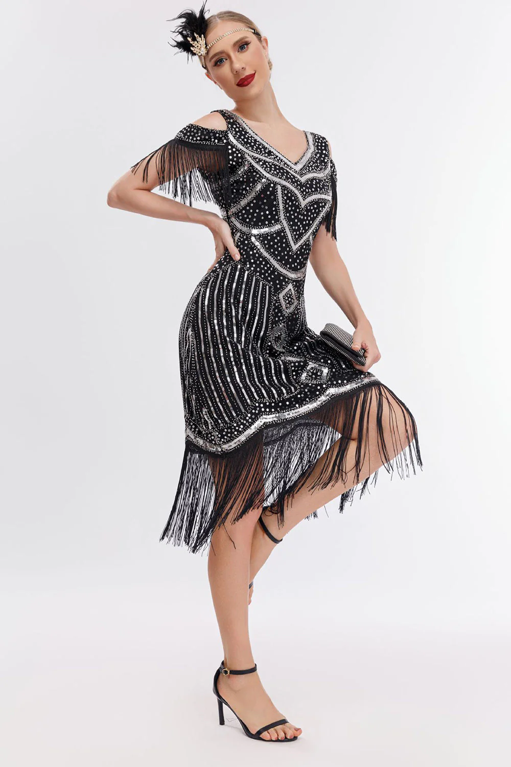 Black Golden Cold Shoulder Fringes 1920s Gatsby Dress with 20s Accessories Set - Image 5