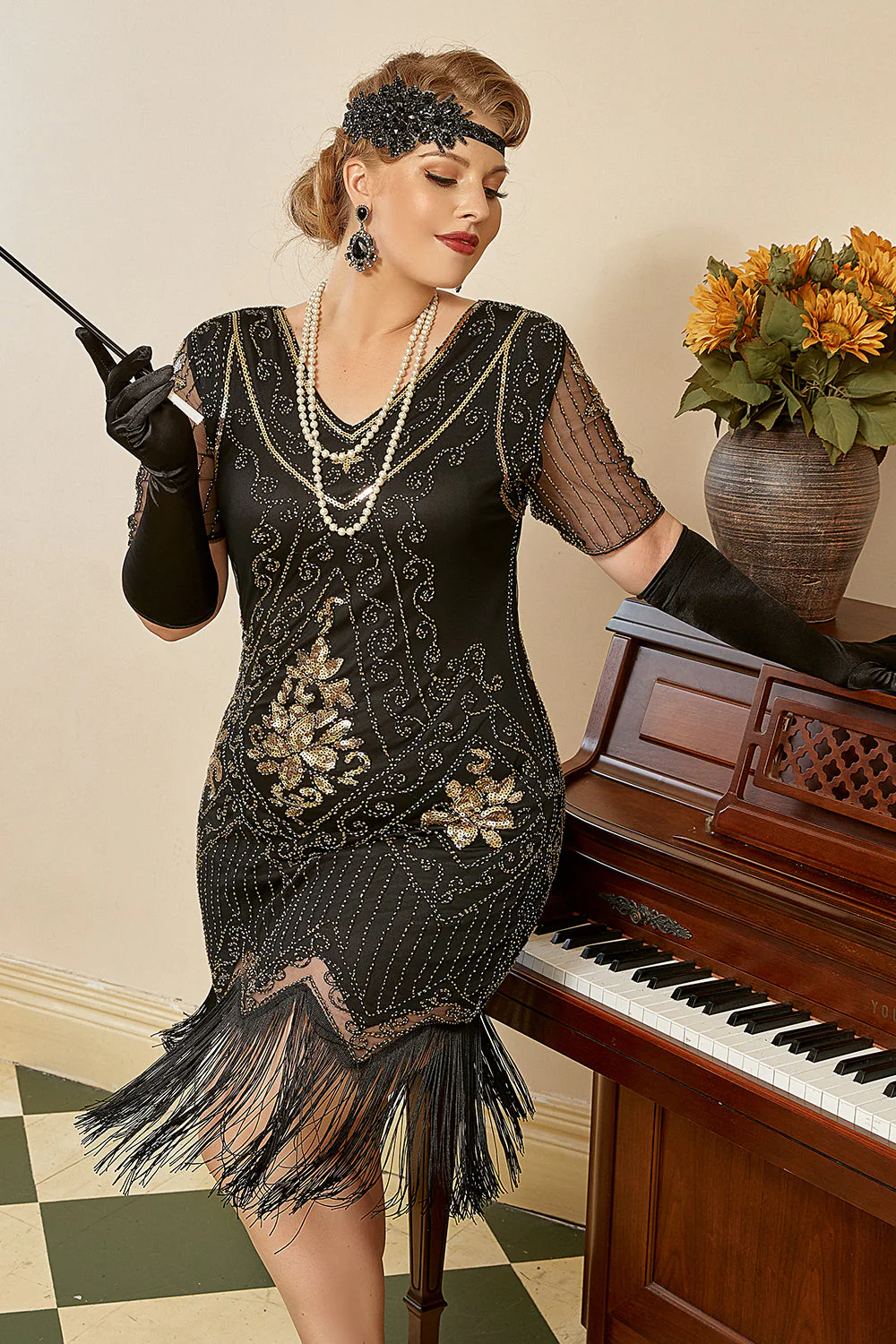 Black Golden Sequins Gatsby Fringed Plus Size 1920s Dress - Image 6