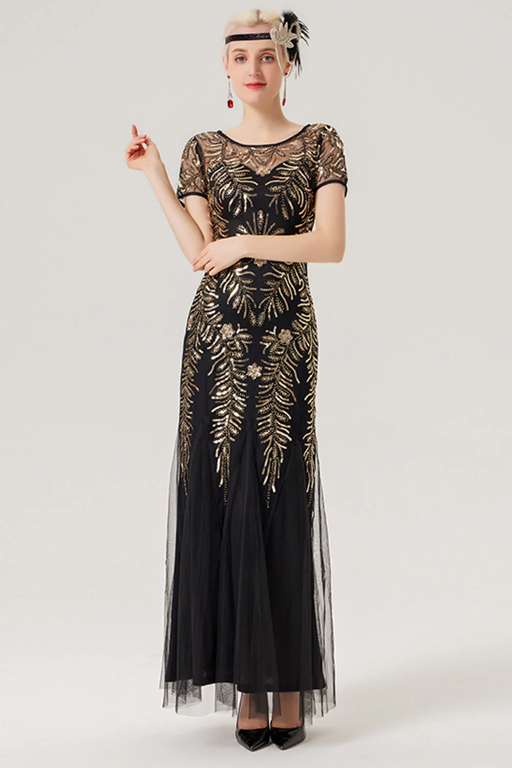 Black Golden Sequins Long 1920s Dress with Short Sleeves - Image 3