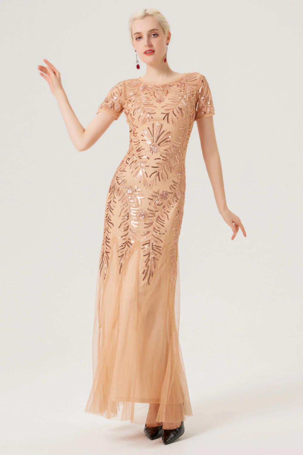 Black Golden Sequins Long 1920s Dress with Short Sleeves - Image 4