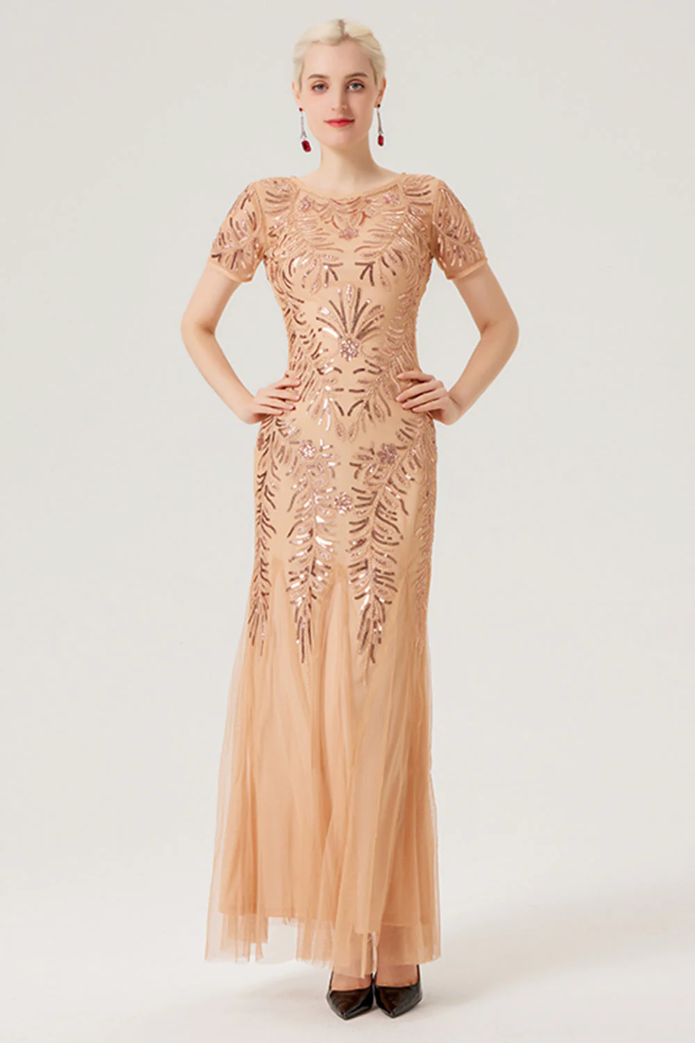 Black Golden Sequins Long 1920s Dress with Short Sleeves - Image 5