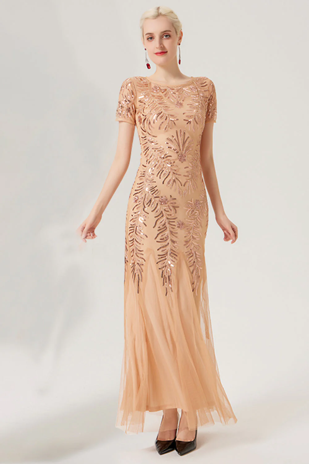 Black Golden Sequins Long 1920s Dress with Short Sleeves - Image 7