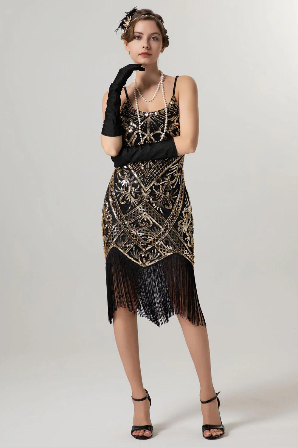 Black Golden Sheath Sequin 1920s Flapper Dress with Tassles - Image 2