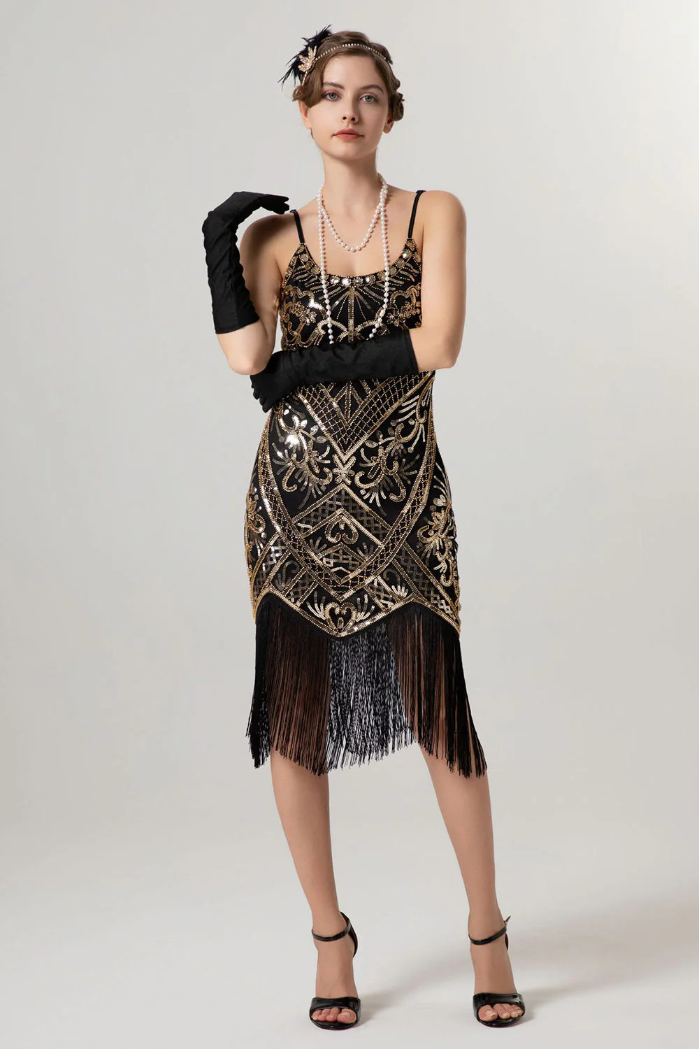Black Golden Sheath Sequin 1920s Flapper Dress with Tassles - Image 3