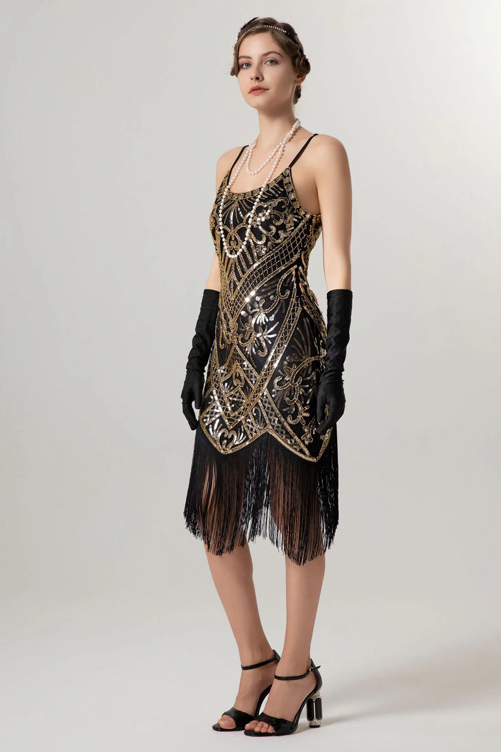 Black Golden Sheath Sequin 1920s Flapper Dress with Tassles - Image 4