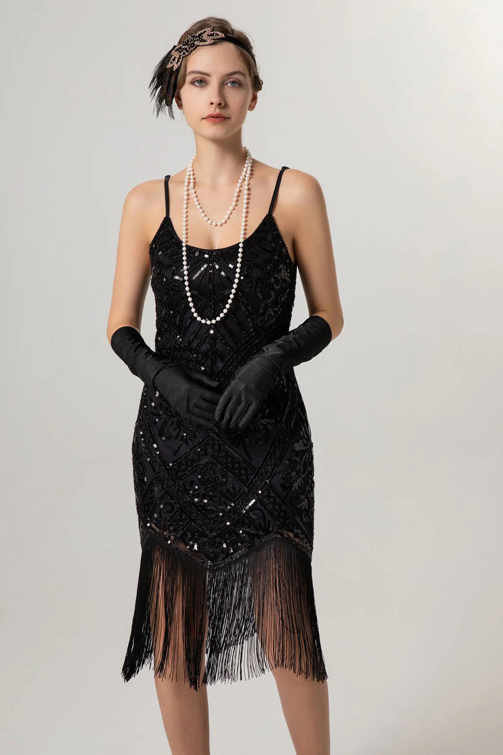 Black Golden Sheath Sequin 1920s Flapper Dress with Tassles - Image 5
