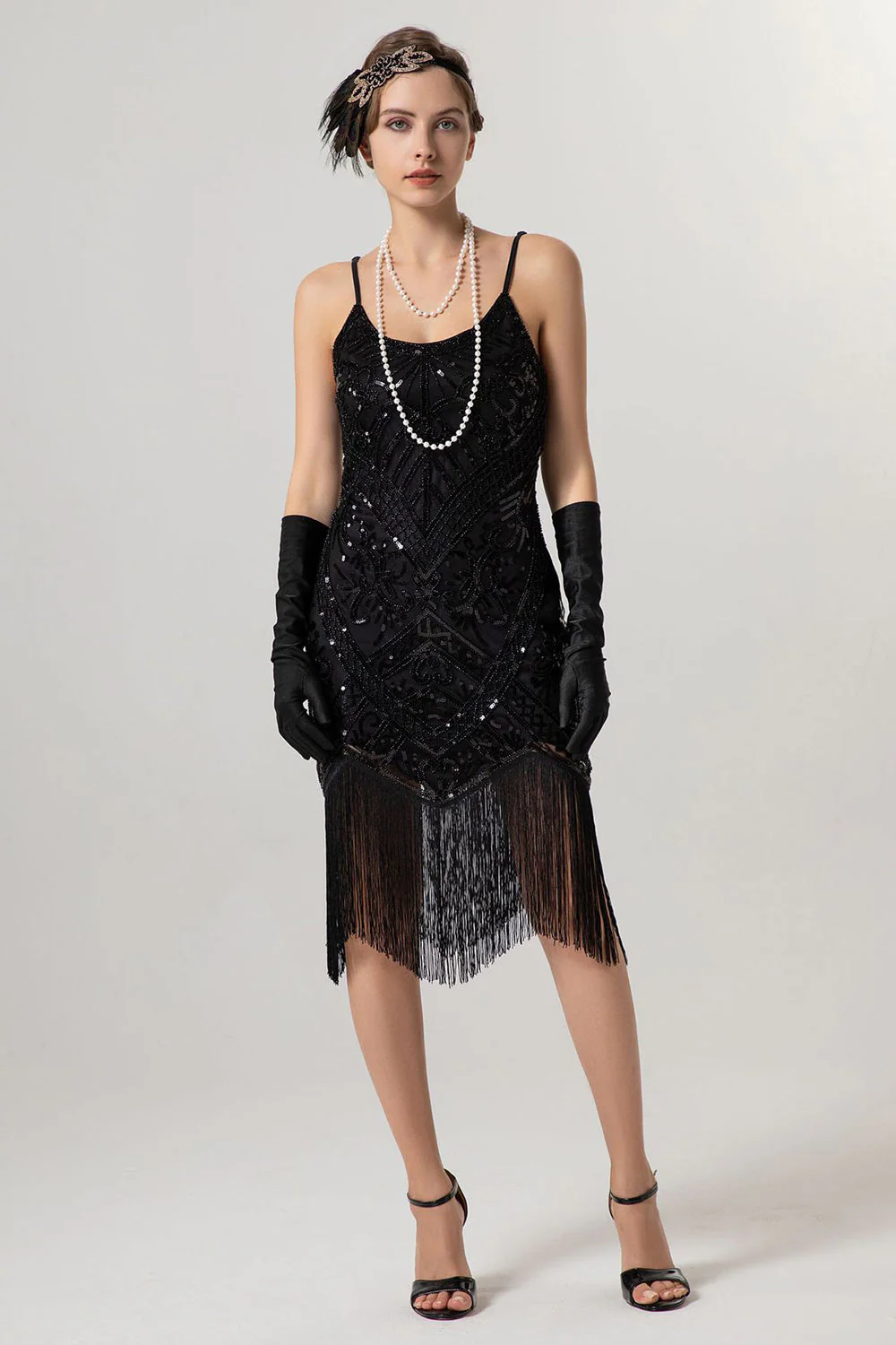 Black Golden Sheath Sequin 1920s Flapper Dress with Tassles - Image 6