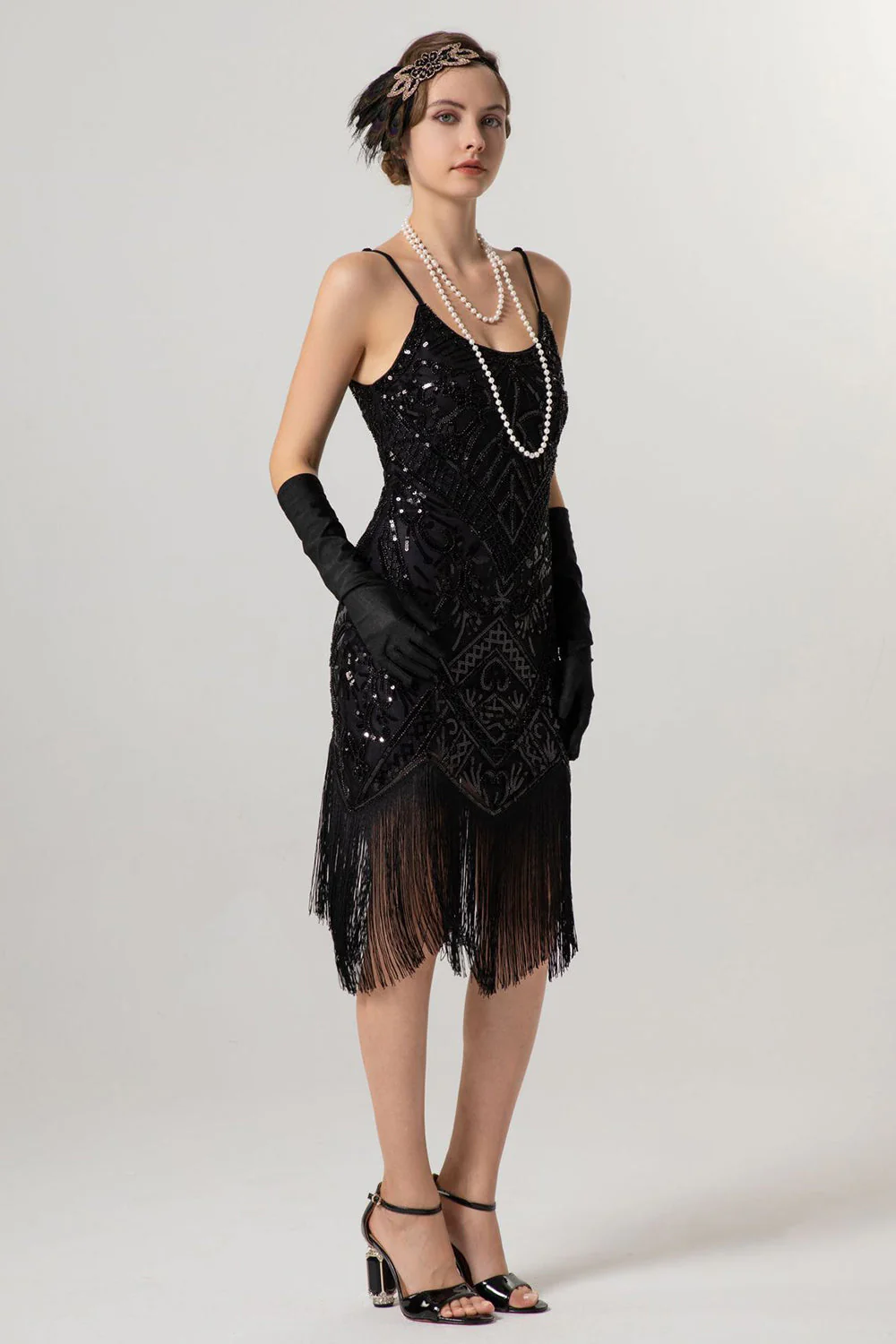 Black Golden Sheath Sequin 1920s Flapper Dress with Tassles - Image 7
