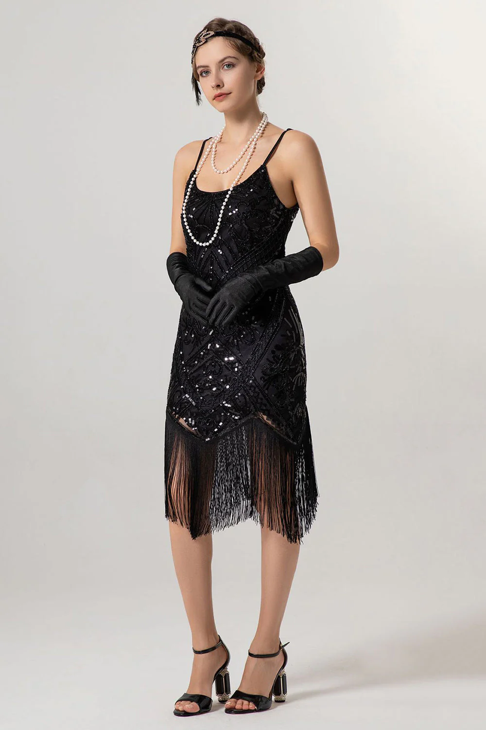 Black Golden Sheath Sequin 1920s Flapper Dress with Tassles - Image 8