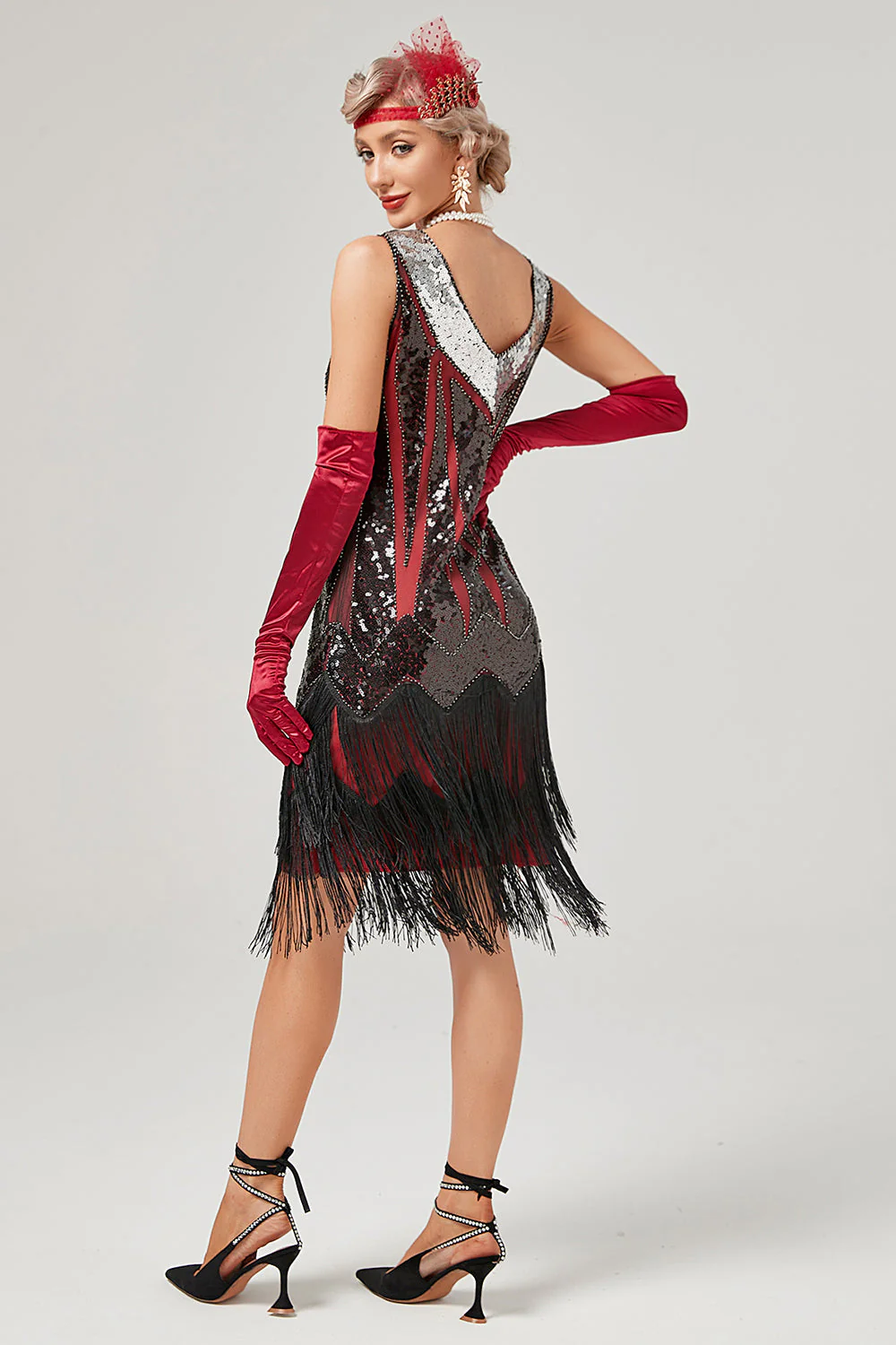 Black Green V-Neck Flapper Dress With Fringes - Image 6