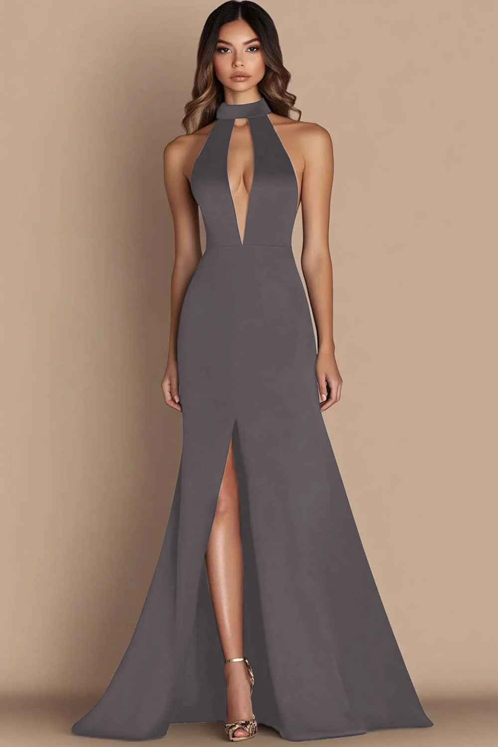 Black Halter Cut Out Mermaid Gala Dress with Slit - Image 10
