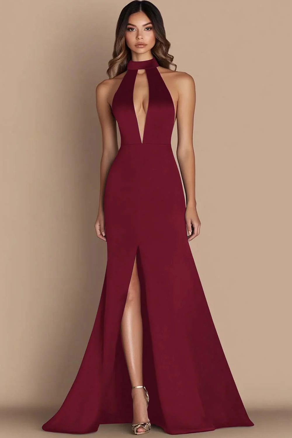 Black Halter Cut Out Mermaid Gala Dress with Slit - Image 4