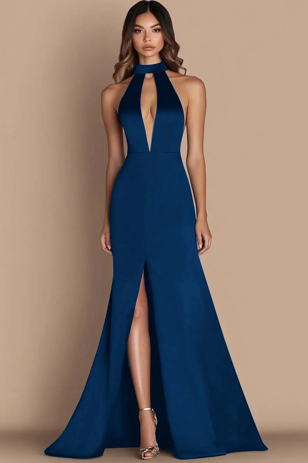 Black Halter Cut Out Mermaid Gala Dress with Slit - Image 6