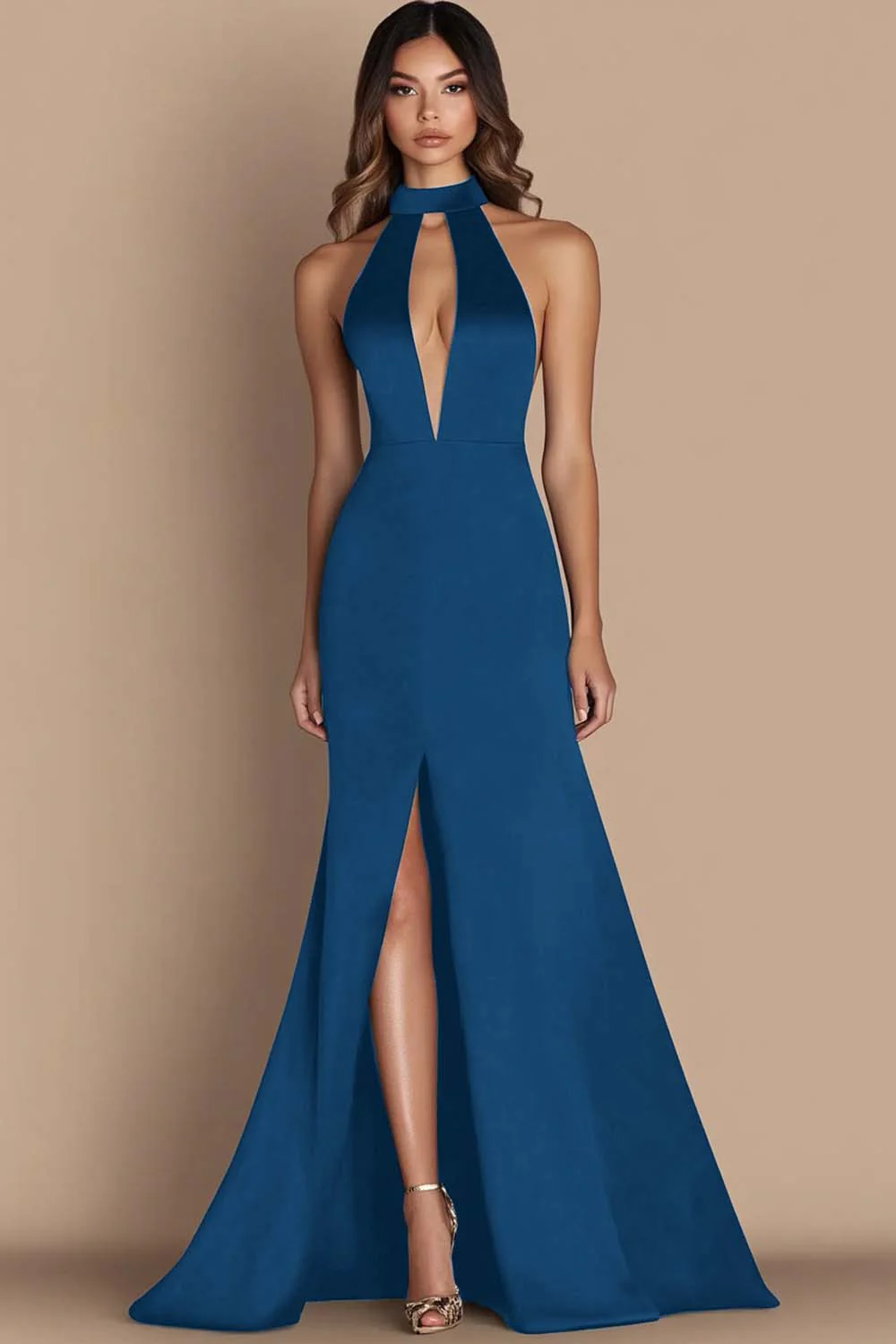 Black Halter Cut Out Mermaid Gala Dress with Slit - Image 7