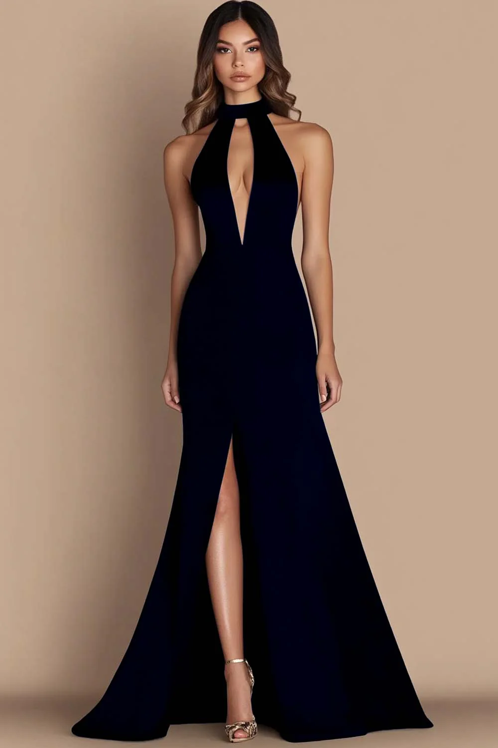 Black Halter Cut Out Mermaid Gala Dress with Slit - Image 9