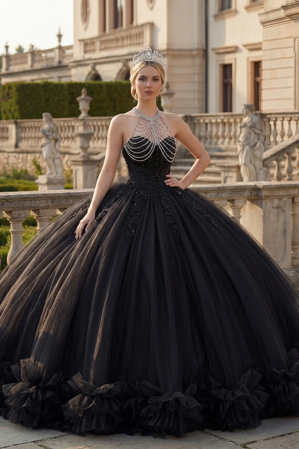 Black Halter Neck Ball Gown Glitter Princess Quinceanera Dress